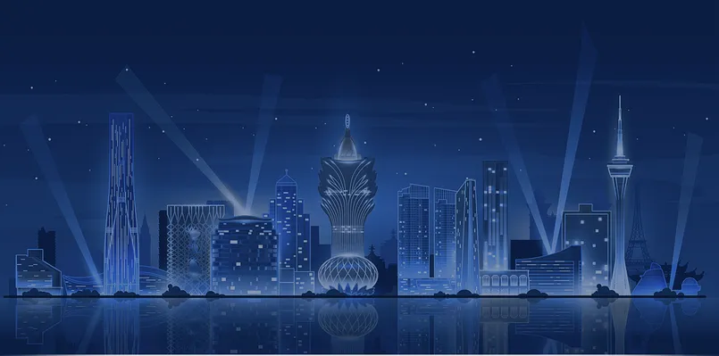 Photograph of a city skyline at night with glowing towers and reflected light on the water, deep blue tones with warm amber window lights, soft analog film grain, calm and atmospheric.